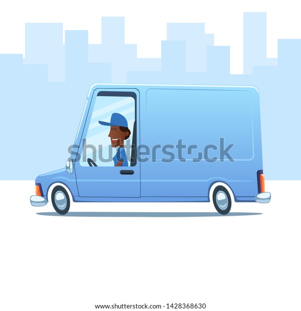 Cartoon smiling black woman driving a service van\
against the background of\
city.