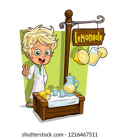 Cartoon smiling blonde boy character and fresh lemonade vendor booth or shop market with text sign. Vector icon for game.