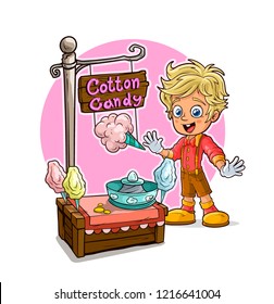 Cartoon smiling blonde boy character and cotton candy vendor booth or shop market with text sign. Vector icon for game.