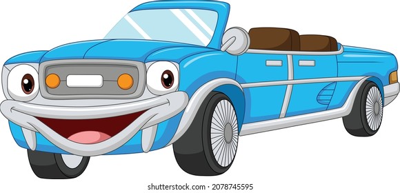 Cartoon smiling blue car convertible mascot