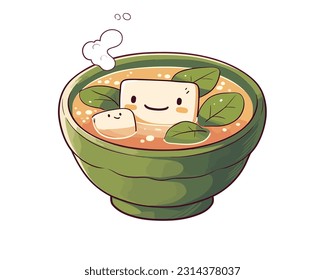 Caricatura de un cuenco sonriente de sopa miso con tofu flotante y algas marinas