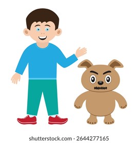 cartoon smiling boy character with angry monster bear dog toy icon