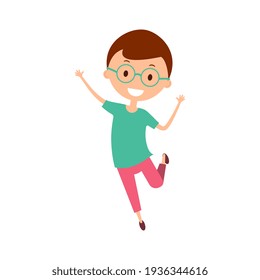 Cartoon smiling boy with dark hair jumping. Joyful child isolated on white background. Happy boy with glasses, turquoise t-shirt and purple trousers