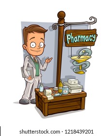 Cartoon smiling boy with document case character and drugstore pharmacy vendor booth or shop market with text sign. Vector icon for game.