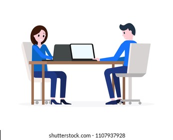 Cartoon smiling boy and girl sitting at desktop opposite each other and using laptop pc vector illustration. Young people looking at displays of notebook and typing something