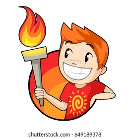 cartoon smiling boy hold torch in hand