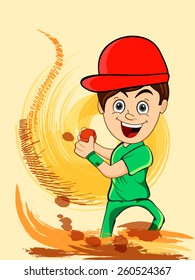 Cartoon of a smiling boy holding red cricket ball on abstract color splash background.