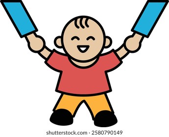 A cartoon of a smiling boy holding two blue sticks. The boy is wearing a red shirt and orange pants