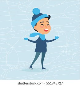 Cartoon smiling boy on icerink in flat design. Christmas entertainment in city in winter time. Vector illustration of happy male person in blue hat and scarf enjoying life spending New Year holidays