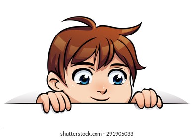 Cartoon smiling boy peeps out blank page, isolated