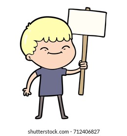 caricatura sonriente niño con pancarta