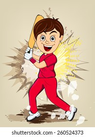 Cartoon of a smiling boy in playing action on abstract background for Cricket concept.