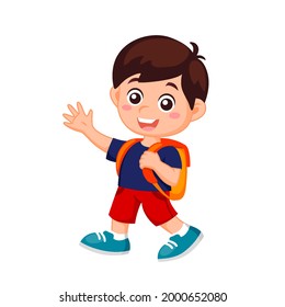 Cartoon smiling boy with school bag. Back to school concept. Vector illustration isolated on white background