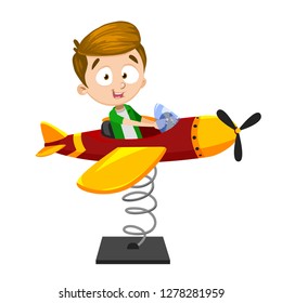 Cartoon Smiling Boy Sitting In Pitching Range Airplane. Cute Kid Driving The Plane Vector Illustration. Childhood And Fun Concept. Isolated On White Background