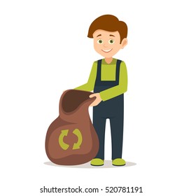 cartoon smiling boy standing in a half-turn and holding a trash bag with eco badge. vector illustration isolated on white background. . save the earth. eco background.