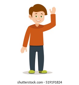 cartoon smiling boy waves his hand, welcoming. Boy happy character vector.positive youngster smiling schoolboy isolated on white background.