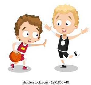 Cartoon smiling boys kids playing basketball together. Joyful and cheerful children trying to win vector illustration. Sport and fun concept. Isolated on white