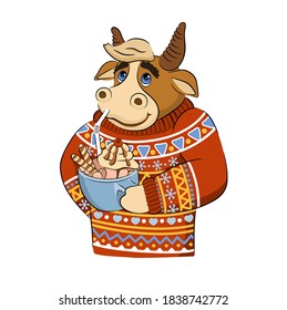 Cartoon smiling bull or ox wearing a bright scandinavian sweater holding cup of cocoa or cappuccino. Vector illustration of funny animal. Symbol of 2021. Isolated on white. 