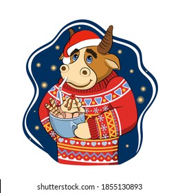 Cartoon smiling bull wearing a bright scandinavian sweater and a santa hat holding cup of cocoa or cappuccino. Vector illustration of funny animal. Symbol of 2021. Isolated on white. 
