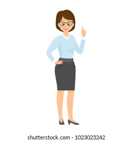 Cartoon smiling businesswoman with hand holding index finger up.Vector illustration. Isolated on white background