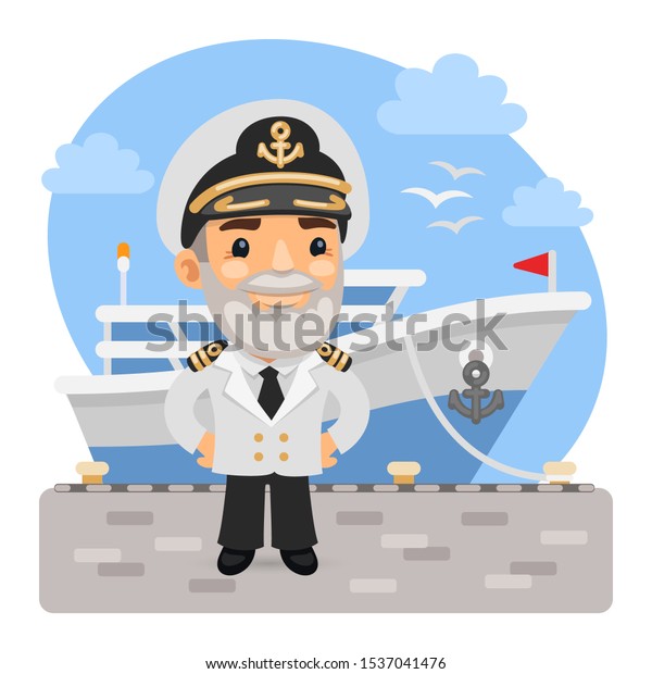 A cartoon smiling captain stands on the pier\
in front of the cruise ship. Composition with a professional man.\
Flat male character.