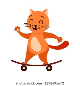 Cartoon smiling cat  on skateboard