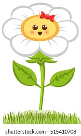 Cartoon Smiling Champmille, Happy Daisy Isolated On White. Vector Illustration