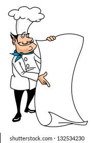 Cartoon smiling chef with blank menu paper in hands. Jpeg (bitmap) version also available in gallery