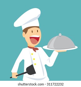 Cartoon smiling chef holding plate-vector
