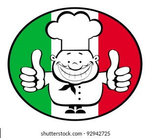 Cartoon smiling chef showing thumbs up on italian flag background. Separate layers
