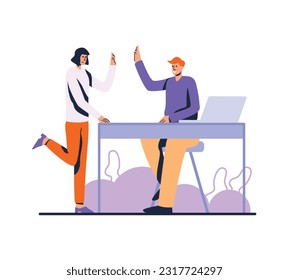 Caricatura de compañeros sonrientes se llevan cinco en el trabajo. Apoyo y trabajo en equipo. Logro de los objetivos de carrera. Feliz equipo de negocios. Colegas alegrándose del éxito. Vector