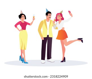 Cartoon smiling colleagues making selfie and celebrating event together. Positive coworkers having fun at office party. Friends spending time together. Vector