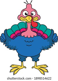 Cartoon smiling colored turkey with thumbs up. Funny Thanksgiving Day Symbol.