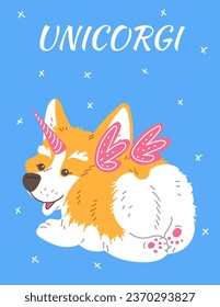 Caricatura sonriente Corgi perro vista de atrás con cuerno rosa y alas. Afiche vectorial con raza de cachorro de unicorgi de perro peludo peludo. Ilustración del carácter de mascotas con letras en fondo azul