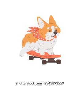 El perro Corgi, que sonríe con dibujos animados, disfruta de un paseo en patineta roja. Corgi raza puré de perro peludo con bufanda de punto de polka. Ilustración del carácter de mascotas de Darling aislado en fondo blanco