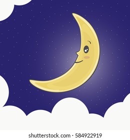 Cartoon of Smiling Crescent Moon in a Starry Night.Cute Moon in Cloudy Blue Sky Vector Illustration.