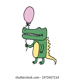Cartoon smiling crocodile green with yellow color with pink ball on white background.