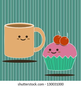 Cartoon Smiling a cup of coffee and cute cupcake