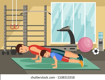 Cartoon smiling dad and son push up in gym. Active leisure concept. Vector flat illustration.