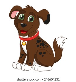 Cartoon Smiling Dark Brown Spotty Puppy, Vector Illustration Of Cute Dog Wearing A Red Collar With Gold Tag, Eps 10