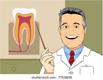 The cartoon smiling dentist. The text field for your company logo is on his badge