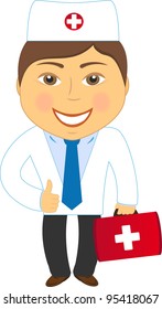 cartoon smiling doctor ambulance carrying a briefcase