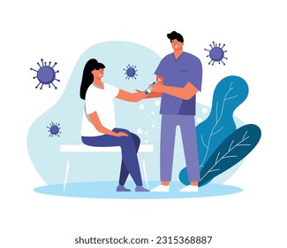 Cartoon smiling doctor vaccinates patient. Process of boosting immune system health using vaccination. Flu, influenza or coronavirus protection. Vector flat style illustration