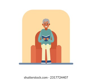Cartoon smiling elderly man reading book on couch. Old people doing different things. Senior people spending time at home. Happy old age. Vector flat style illustration