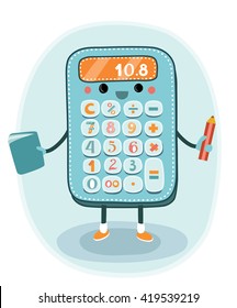 Cartoon smiling electronic calculator with hand and legs character  for education or finance design