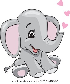 Cartoon smiling elephant with hearts. Vector
