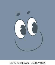 Cartoon smiling face with expressive eyes and a subtle grin on a grey background. Minimalistic design conveying happiness and playfulness. Vector illustration