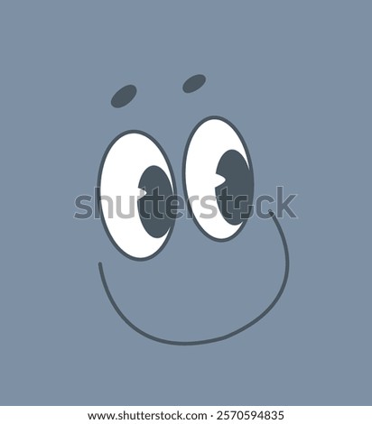 Cartoon smiling face with expressive eyes and a subtle grin on a grey background. Minimalistic design conveying happiness and playfulness. Vector illustration