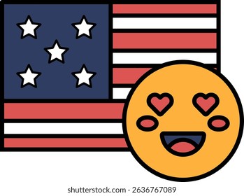A cartoon of a smiling face with a heart on it, with the American flag in the background
