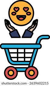 A cartoon of a smiling face with a heart and two hands reaching up with a shopping cart in the background